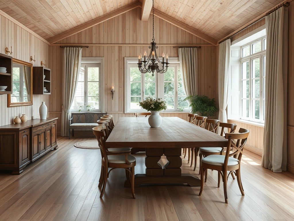 Светлая столовая с деревянными панелями, большой стол и стулья, уютные окна и цветы в вазе.