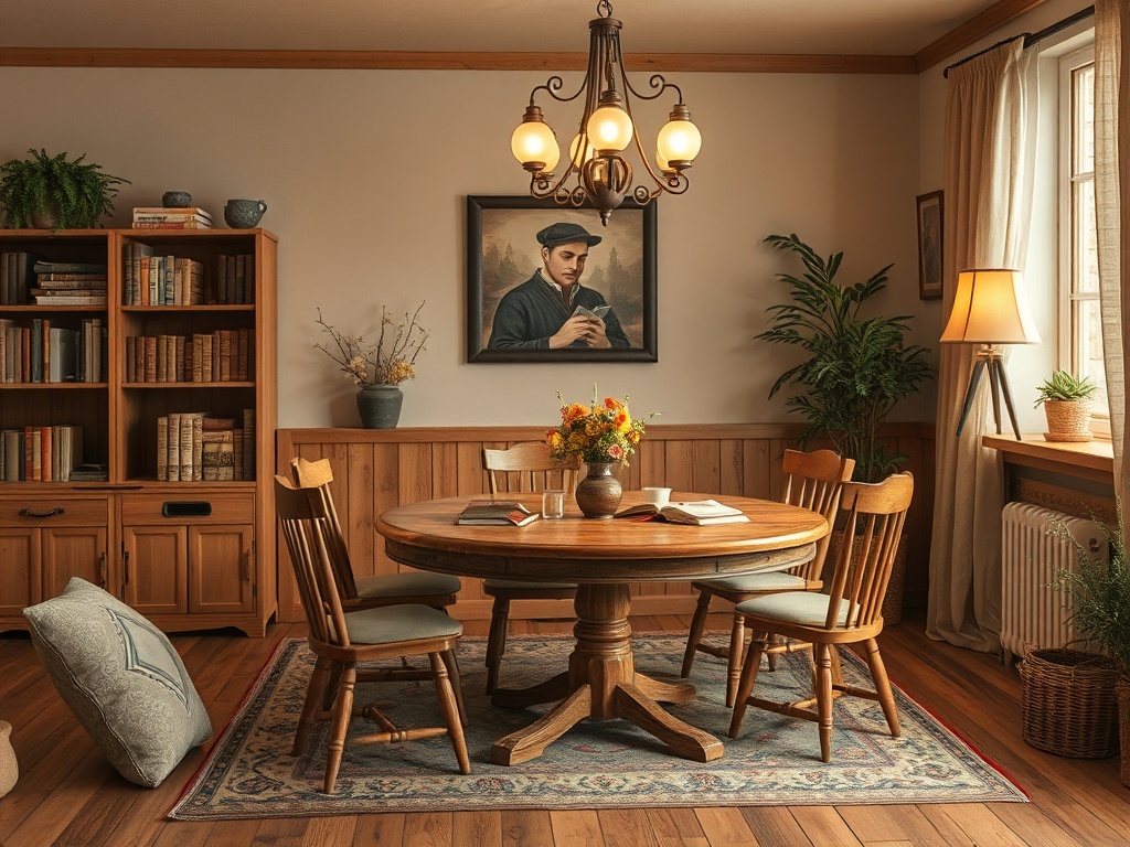 Уютная комната с деревянным столом, стульями, книжным шкафом и картинами на стенах, наполненная светом.