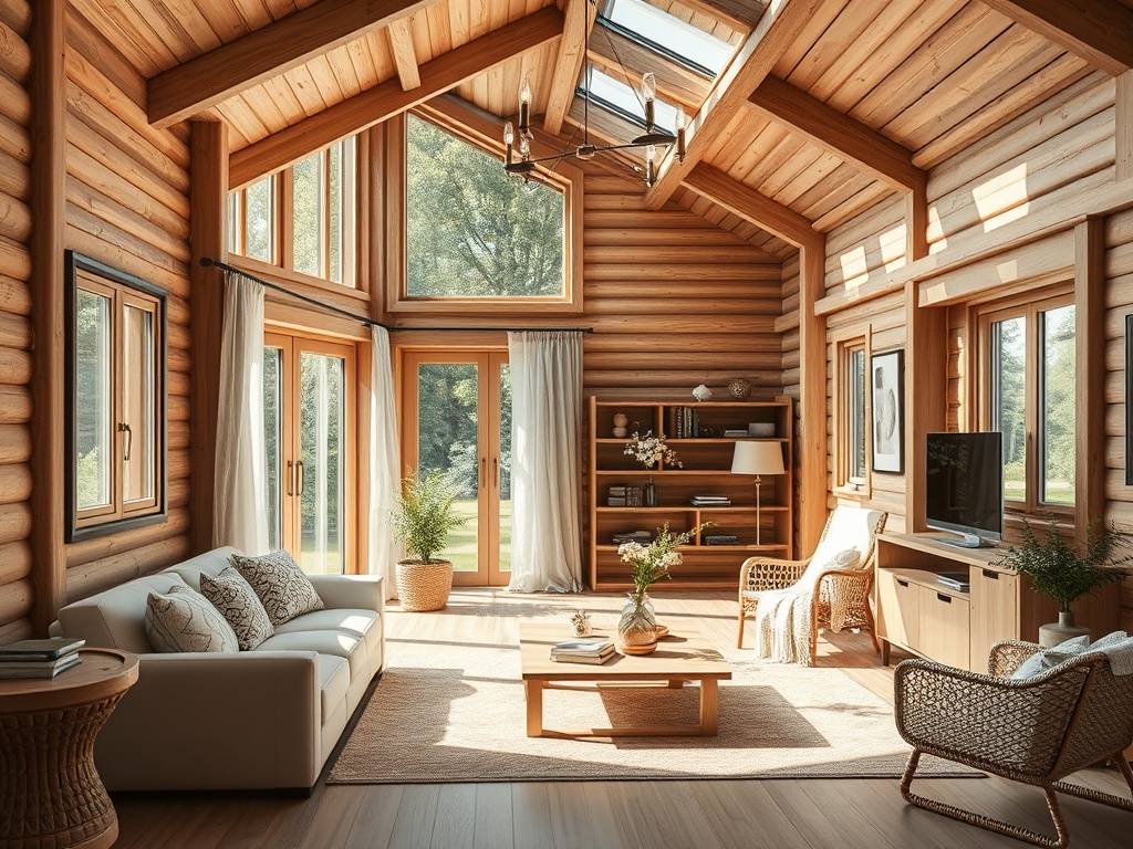Уютная комната в деревянном доме с большими окнами и современными элементами декора.