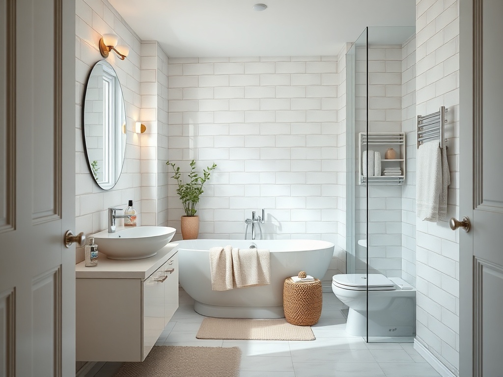 Современная ванная комната с круглым зеркалом, ванной, душем и растениями на фоне светлых плиток.