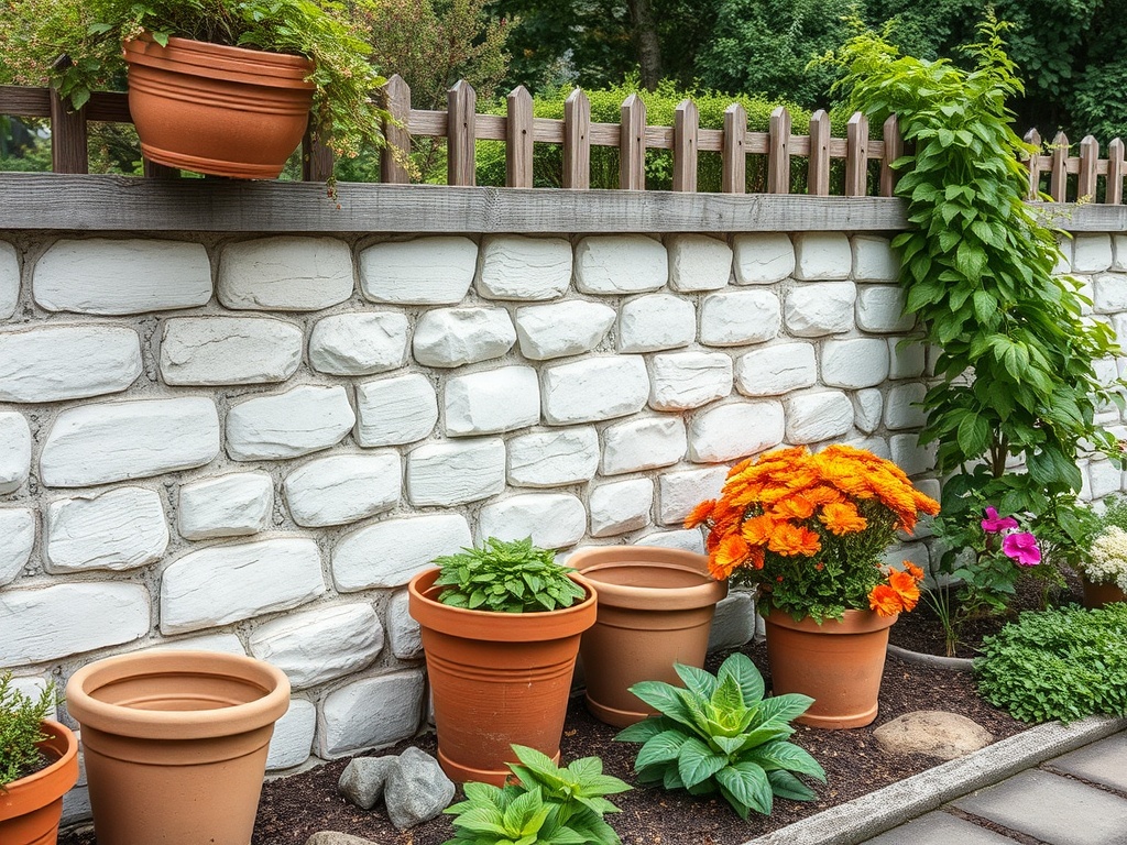 Красивая садовая зона с цветами в горшках и белой каменной стеной на фоне зелени.