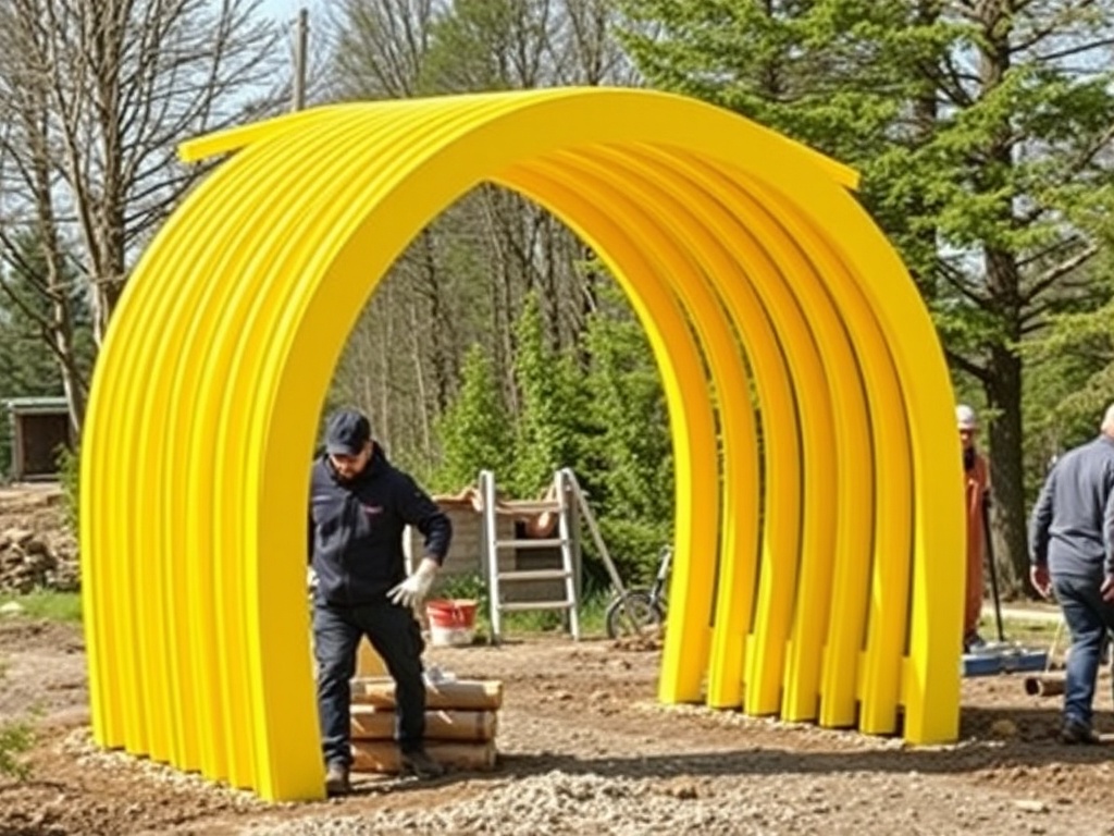 Яркая желтая конструкция в форме дуги, рабочие занимаются её установкой на площадке среди деревьев.