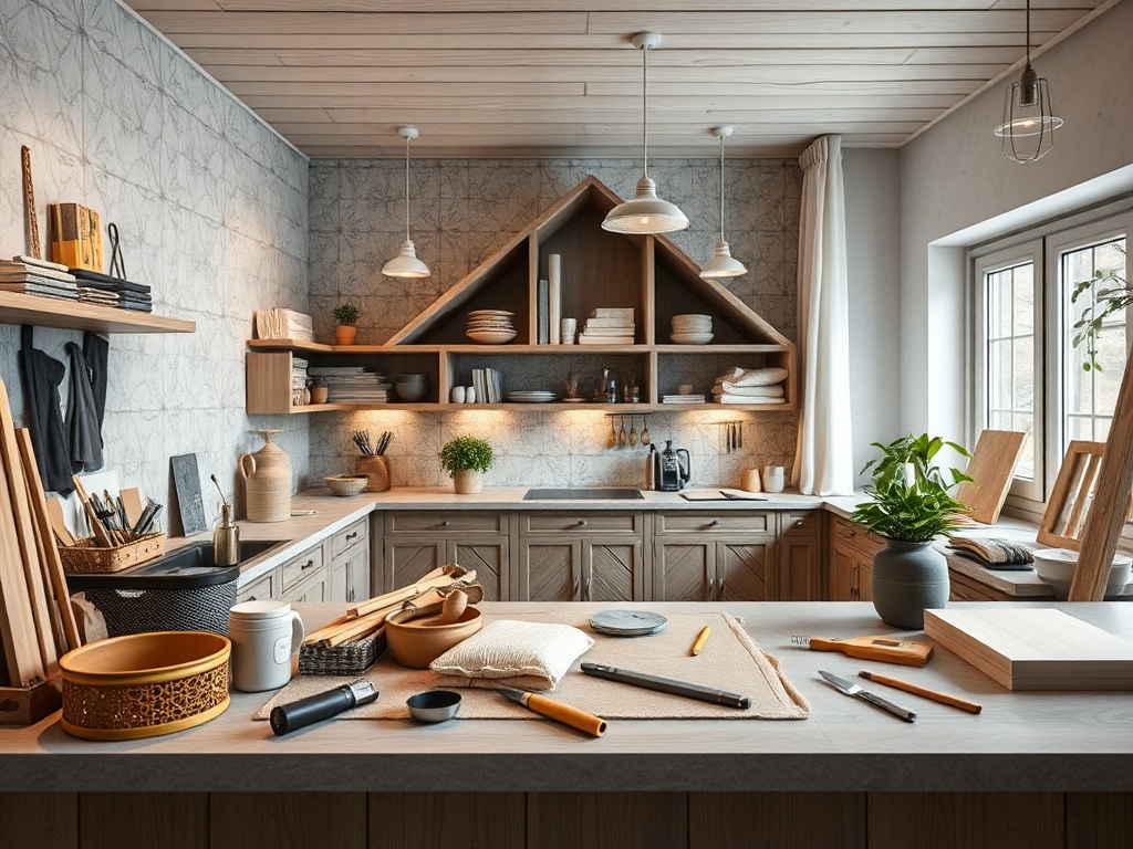 Современная кухня с деревянными деталями, полками, посудой и растениями на столе и в окнах.