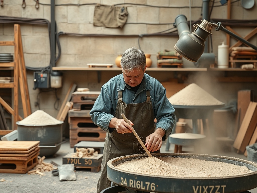 Мастер сыплет песок в мастерской, вокруг инструменты и материалы для работы с деревом.