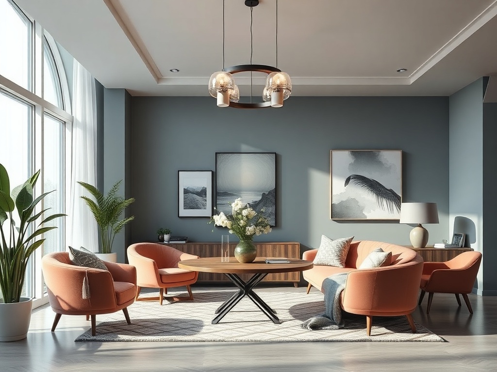 Современная гостиная с комфортной мебелью, светлой отделкой и большими окнами, наполняющими пространство светом.