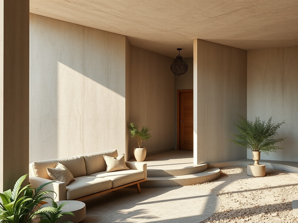 Современное помещений с минималистичной мебелью, растениями и мягким освещением.
