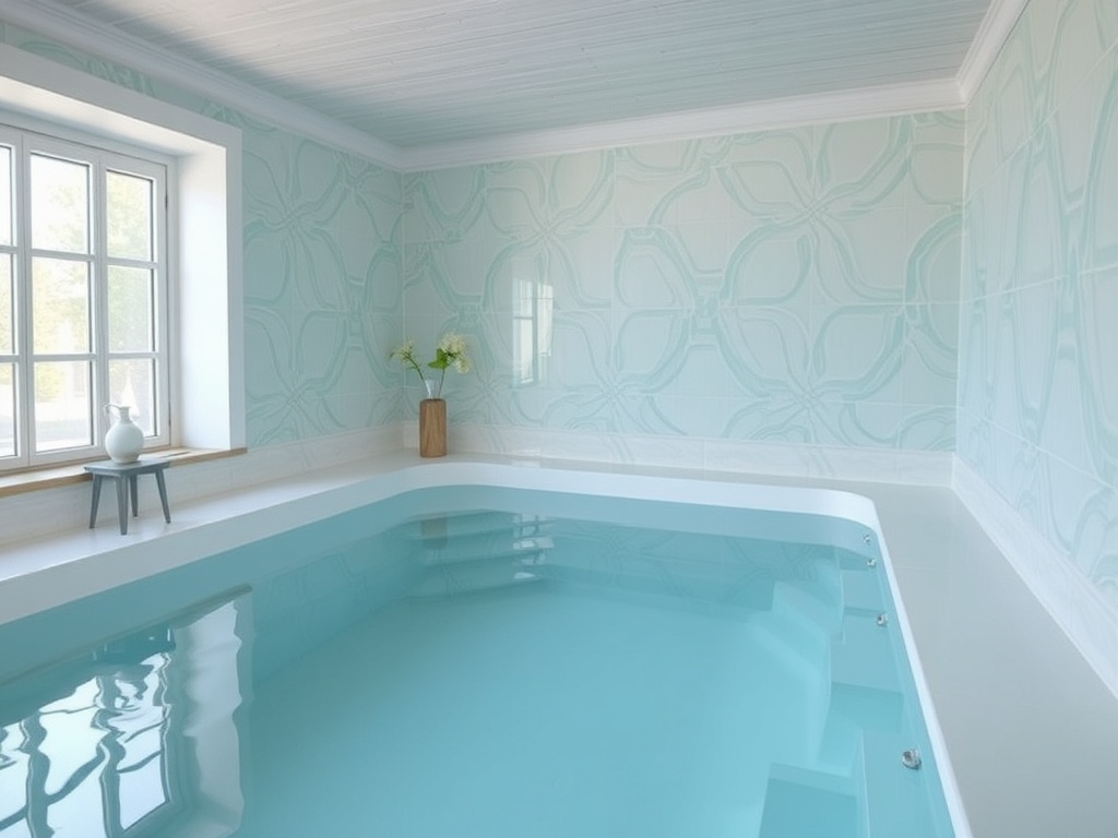 Современный интерьер с бассейном и светлыми стенами, наполненный атмосферой спокойствия и уюта.