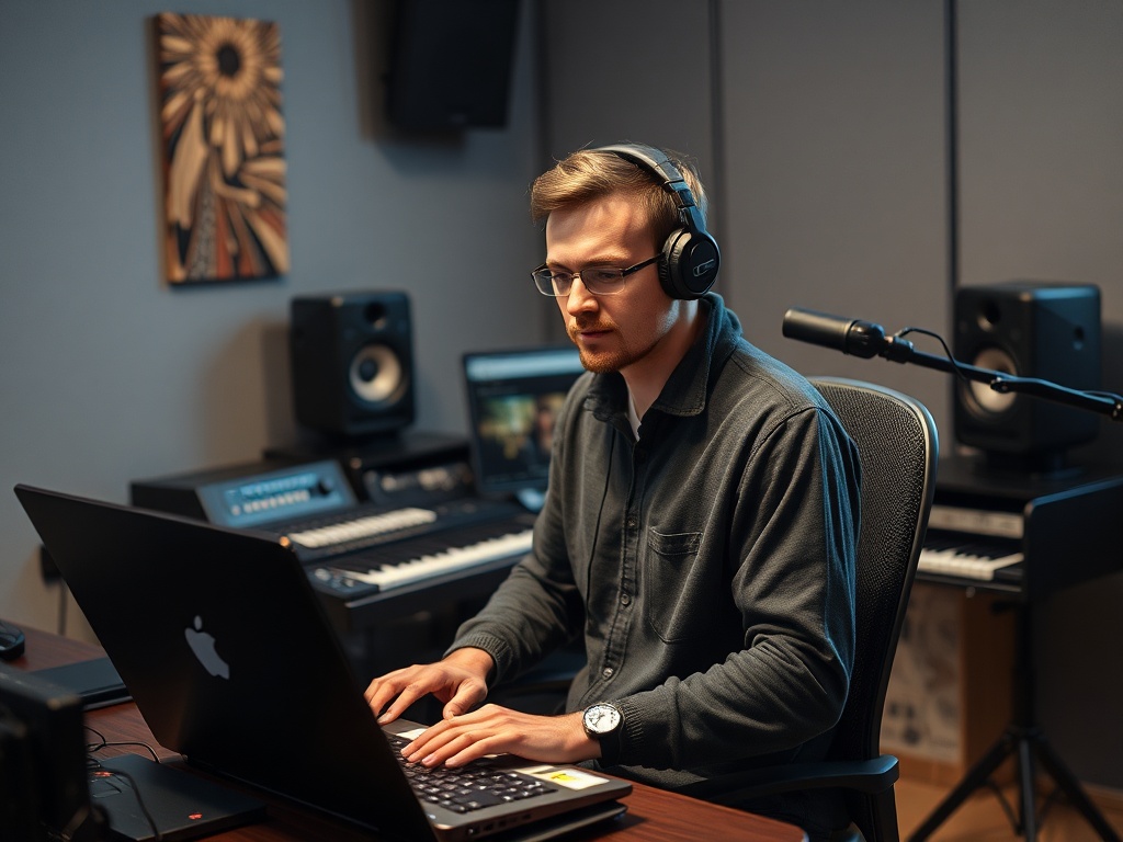 Мужчина в наушниках работает за компьютером в музыкальной студии с оборудованием для записи.
