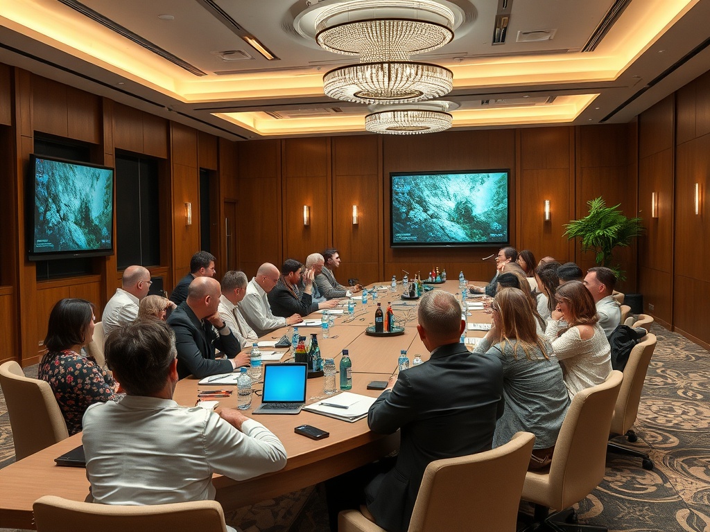 В конференц-зале проходят дискуссии, участники сосредоточены на экране и обсуждении.