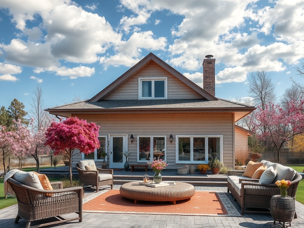 Дом с уютной верандой, цветущими деревьями и мягкой мебелью на фоне облачного неба.