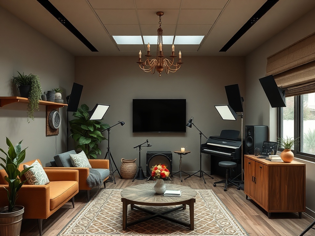 Современная комната с музыкальным инструментом, мягкой мебелью и декором в теплых тонах.