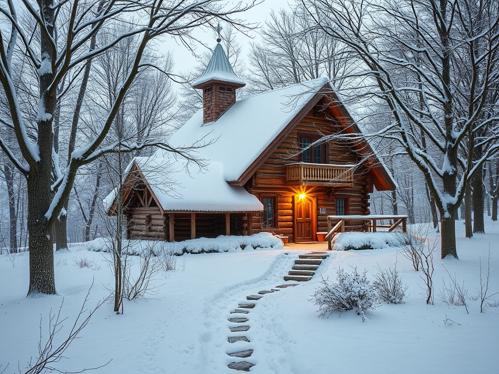 Зимний пейзаж, деревянный дом с мансардой, окружённый снегом и деревьями. Тёплый свет из окна.