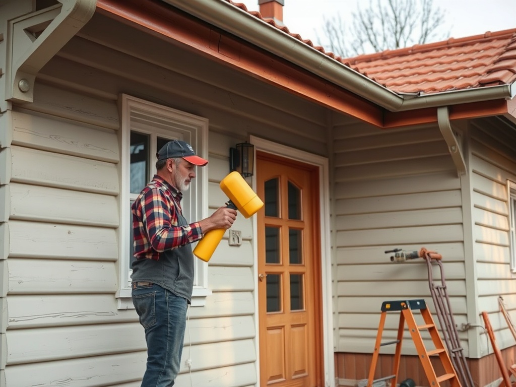 Мужчина в рабочей одежде держит желтый молоток у дома, готовясь к ремонту. На фоне лестница и фасад здания.