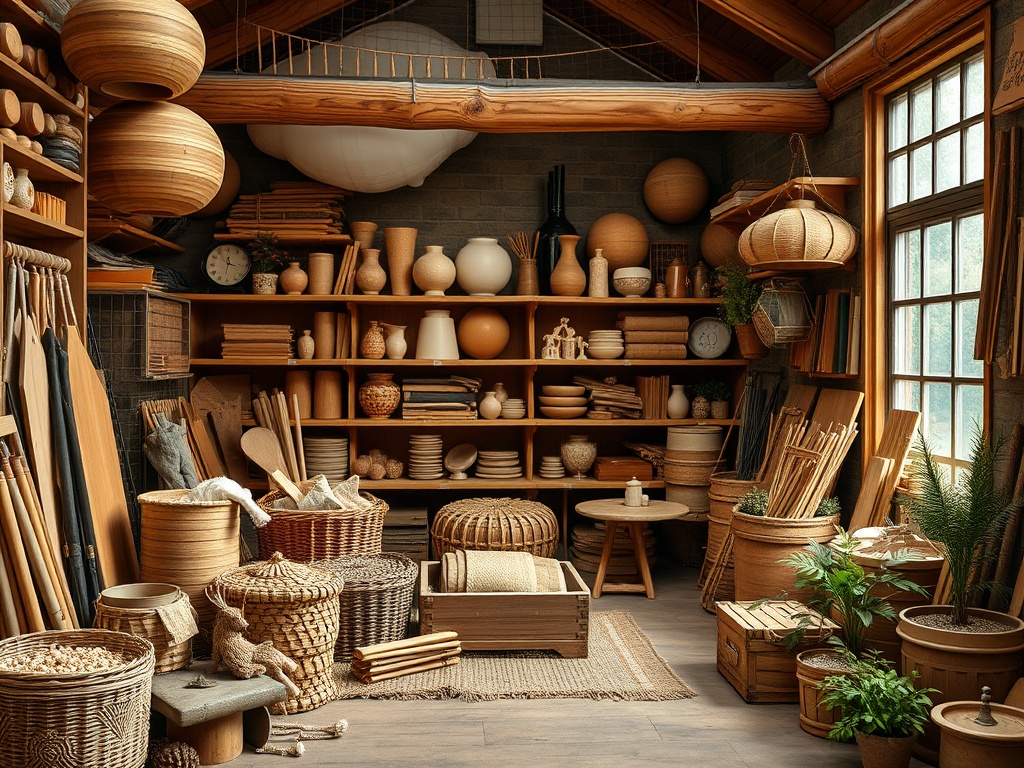 Комната с деревянными вещами: полки, корзины, посуда и растения, оформленные в теплых тонах.
