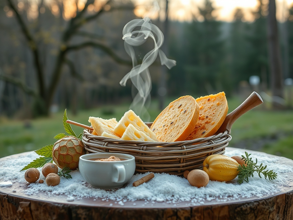 Кружка горячего напитка и корзина с ароматным хлебом на деревянном столе на фоне природы.