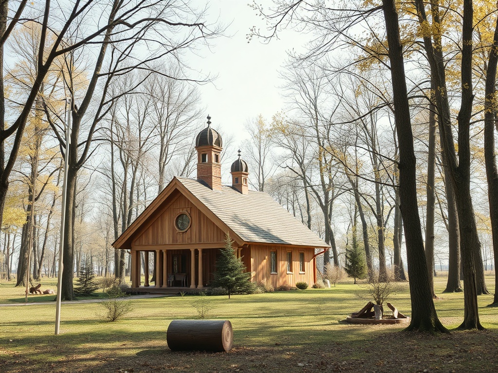 Деревянный дом с башенками, окруженный деревьями, на зеленом лужайке в осенний день.