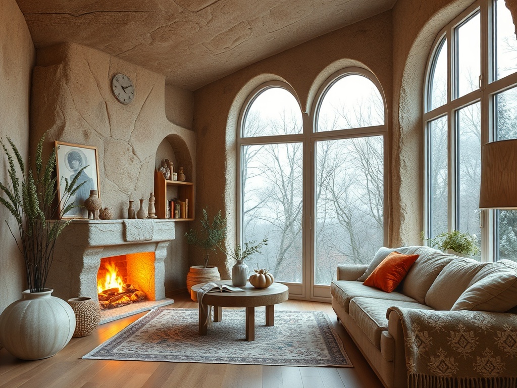 Уютная комната с камином, большими окнами и мягкой мебелью, создающая атмосферу спокойствия и тепла.