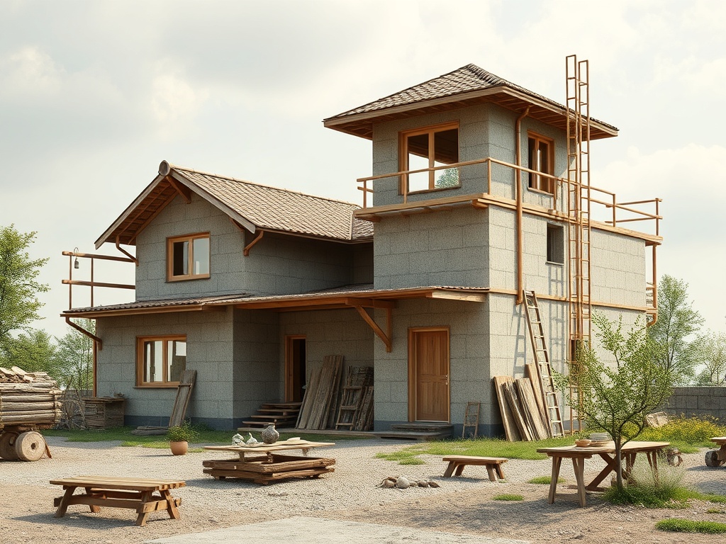 Двухэтажный дом в процессе постройки с лестницей и деревянными конструкциями на участке.