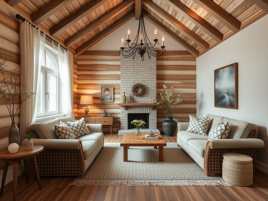 Уютная гостиная с деревянными стенами, мягкой мебелью и камином, освещённая стильной люстрой.