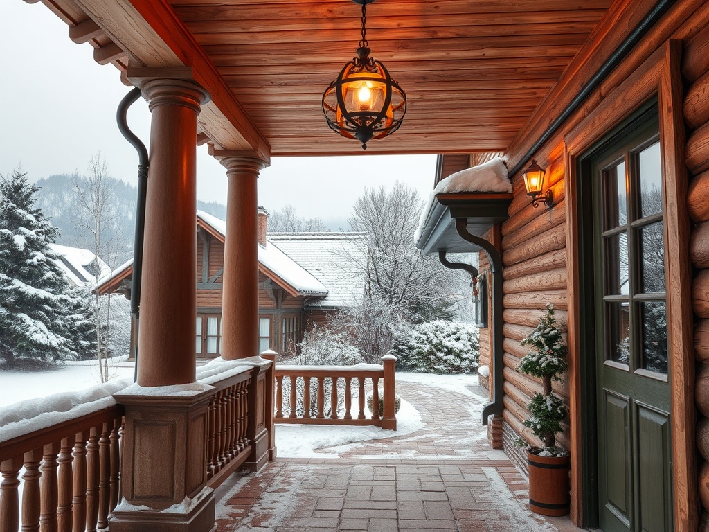 Зимний крыльцо с деревянными колоннами, фонарями и снежным ландшафтом вокруг. Теплая и уютная атмосфера.