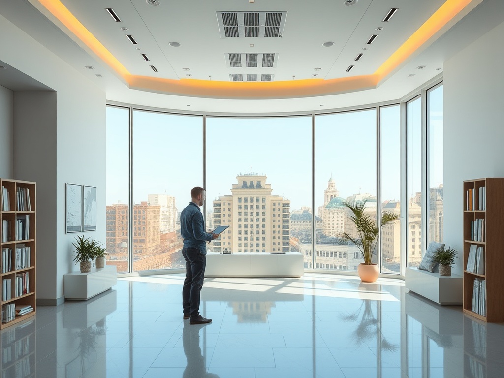 Современный офис с большими окнами, человек стоит у окна и смотрит на город. Книги и растения вокруг.