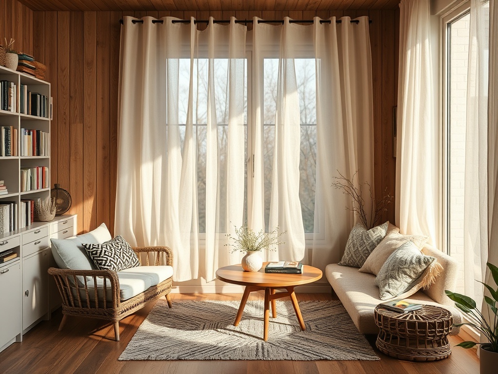 Уютная комната с мягкой мебелью, знойными шторами и книжным шкафом, наполненная светом и атмосферой спокойствия.