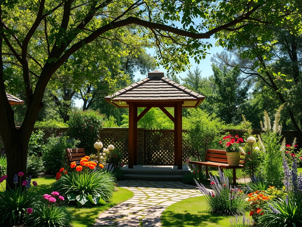 Яркий сад с беседкой, цветами и скамейками под зелеными деревьями, идеальное место для отдыха на природе.