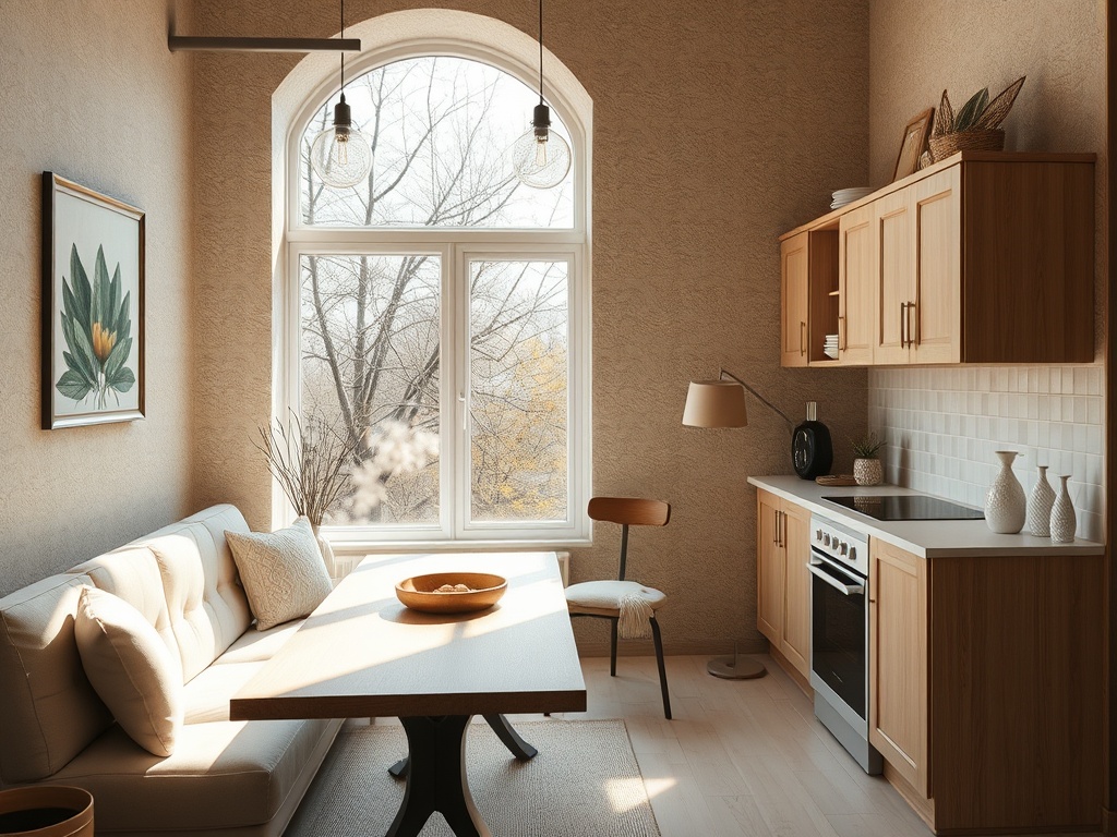 Светлая кухня-гостиная с большим окном, уютной мебелью и декором. Природа за окном создает атмосферу уединения.