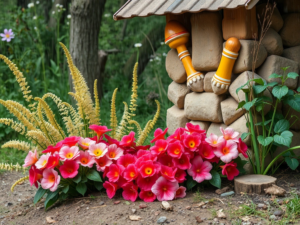 На переднем плане яркие цветы, а за ними маленький домик с характерными ножками. Летний сад.