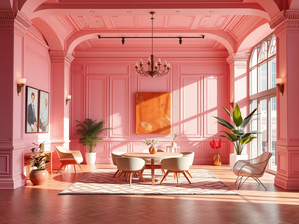 Современный интерьер с розовыми стенами, уютной мебелью и большими окнами, наполненный солнечным светом.