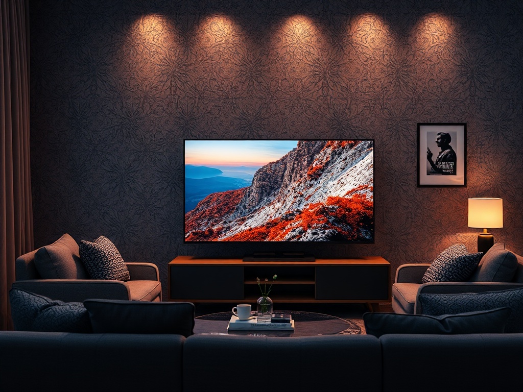 Современная гостиная с телевизором и уютной мебелью в мягком свете. Стены украшены текстурированным узором.