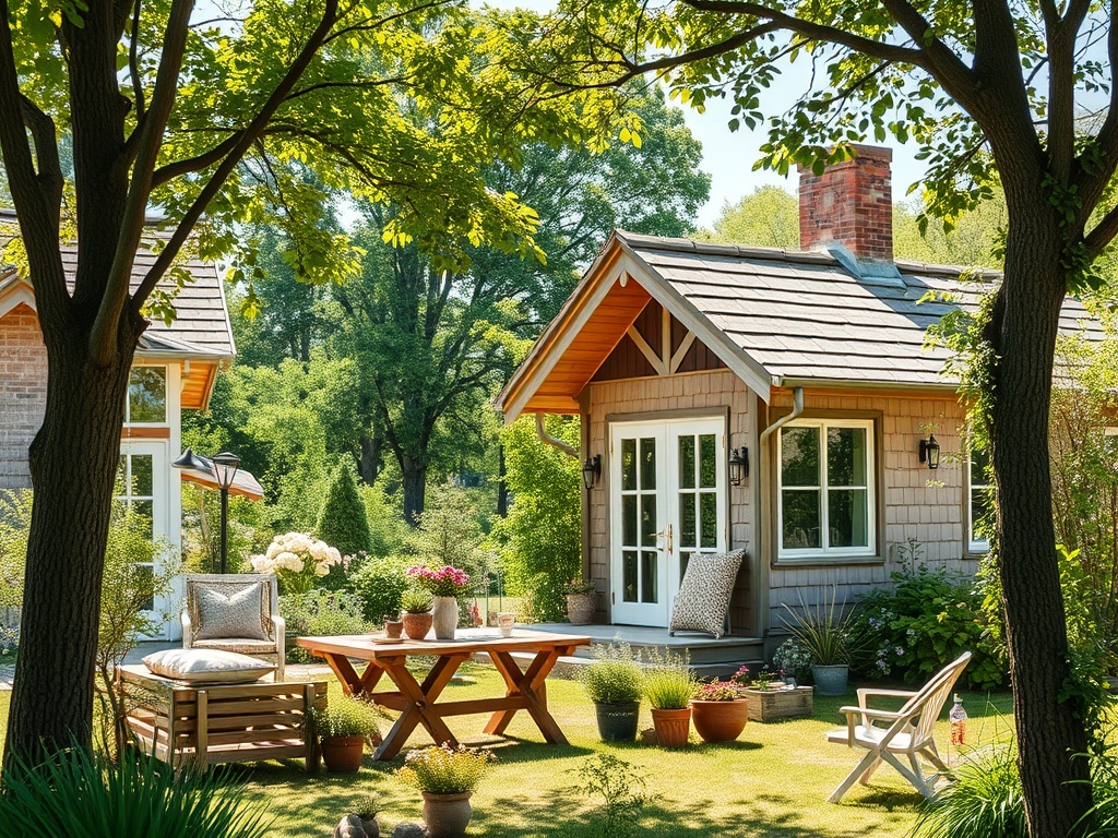 Уютный дом с палисадником, столом и стульями на фоне зелени и деревьев в солнечный день.