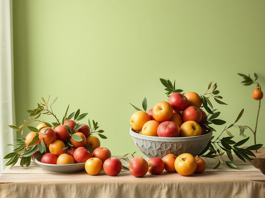 На столе расположены два блюда с разноцветными яблоками и зелеными листьями на фоне светло-зеленой стены.
