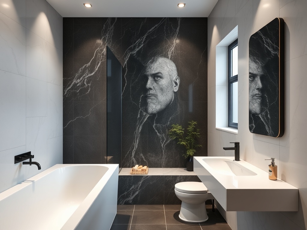 Современная ванная комната с черными мраморными стенами и изящным зеркалом. Стильно и минималистично.